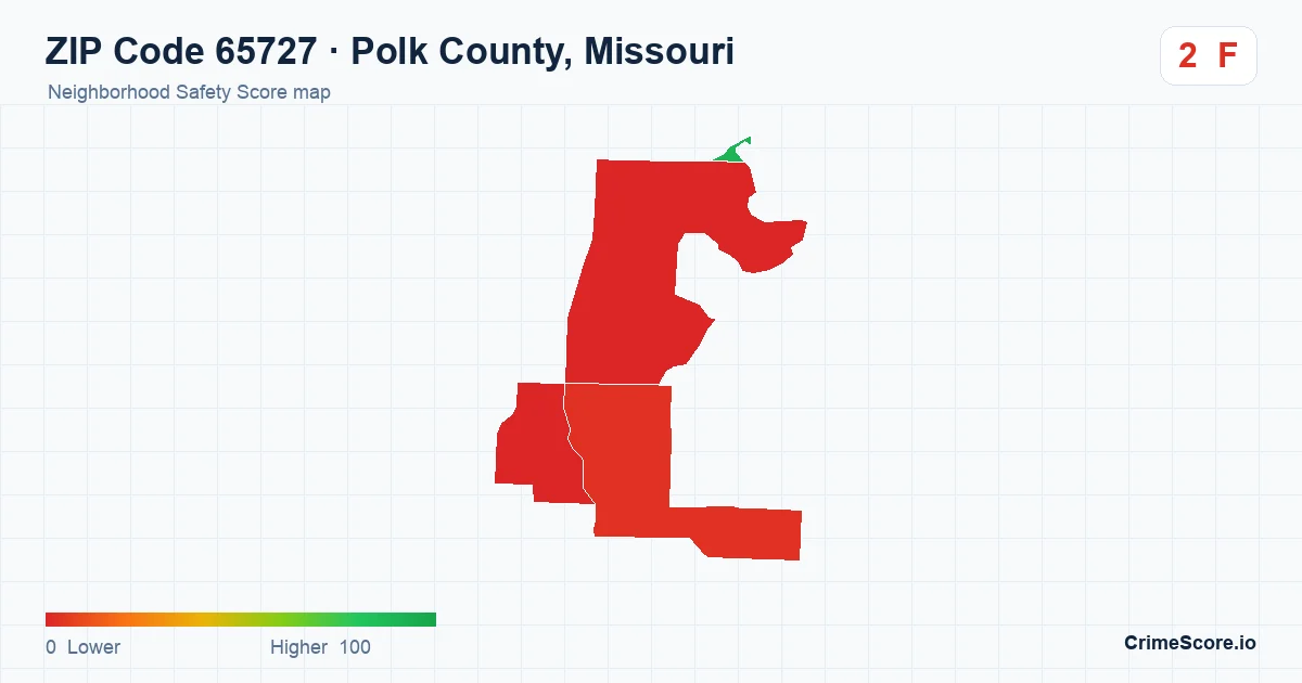 ZIP Code 65727 in Polk County, Missouri neighborhood Safety Score map