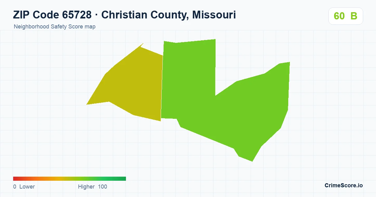 ZIP Code 65728 in Christian County, Missouri neighborhood Safety Score map