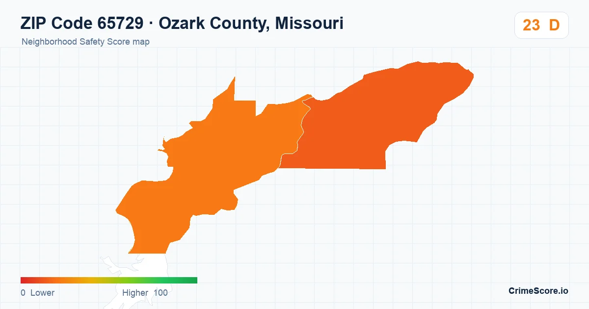 ZIP Code 65729 in Ozark County, Missouri neighborhood Safety Score map