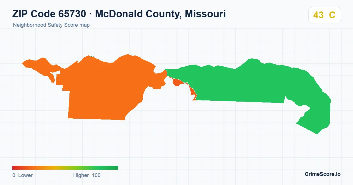 ZIP Code 65730 in McDonald County, Missouri neighborhood Safety Score map