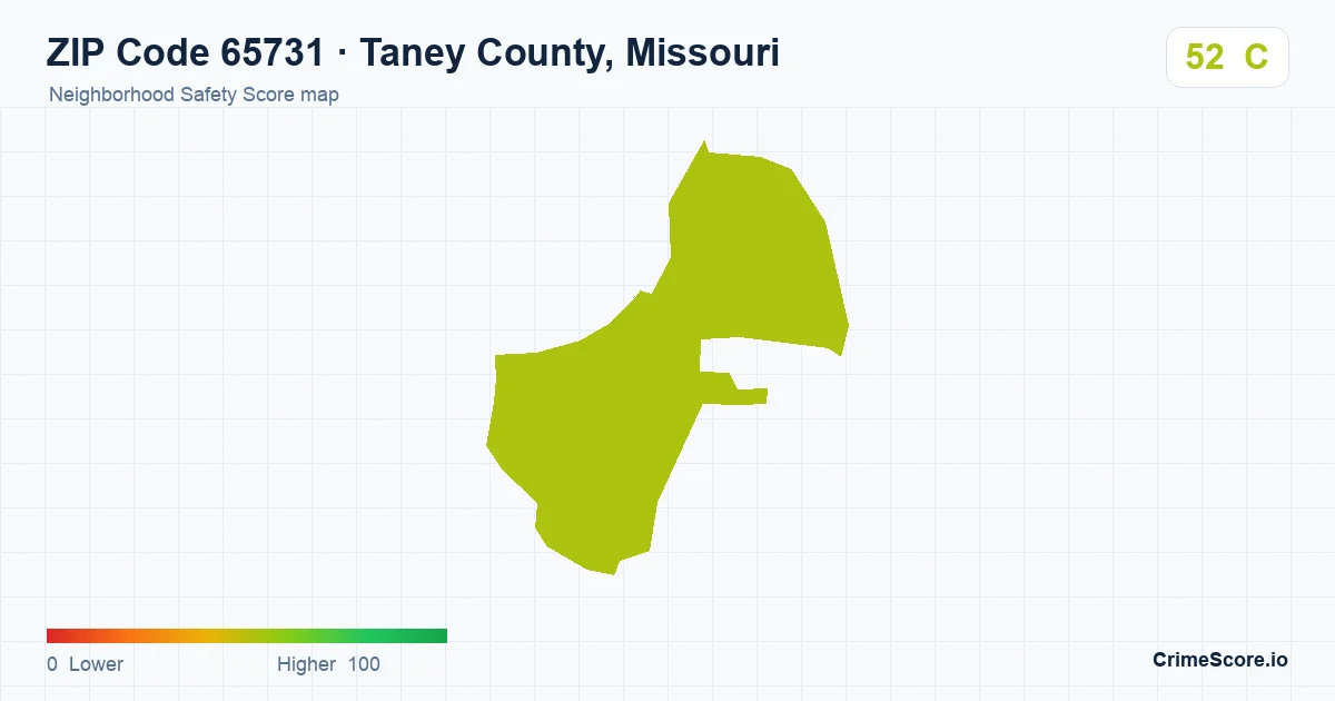 ZIP Code 65731 in Taney County, Missouri neighborhood Safety Score map