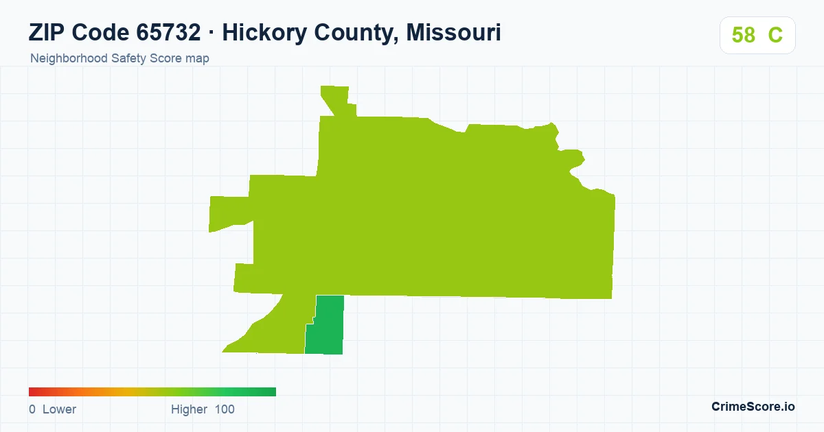 ZIP Code 65732 in Hickory County, Missouri neighborhood Safety Score map