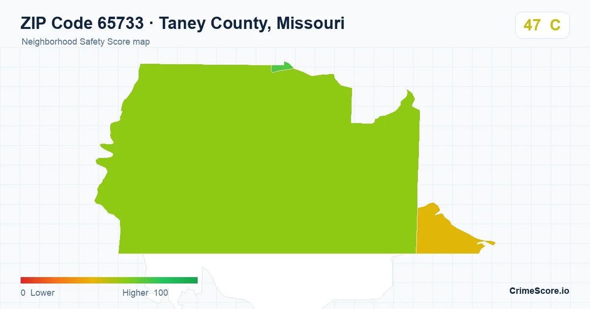 ZIP Code 65733 in Taney County, Missouri neighborhood Safety Score map