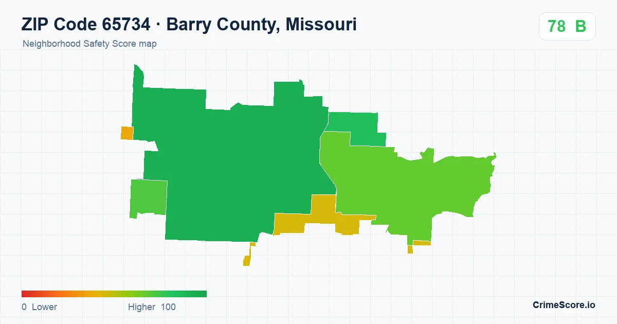 ZIP Code 65734 in Barry County, Missouri neighborhood Safety Score map