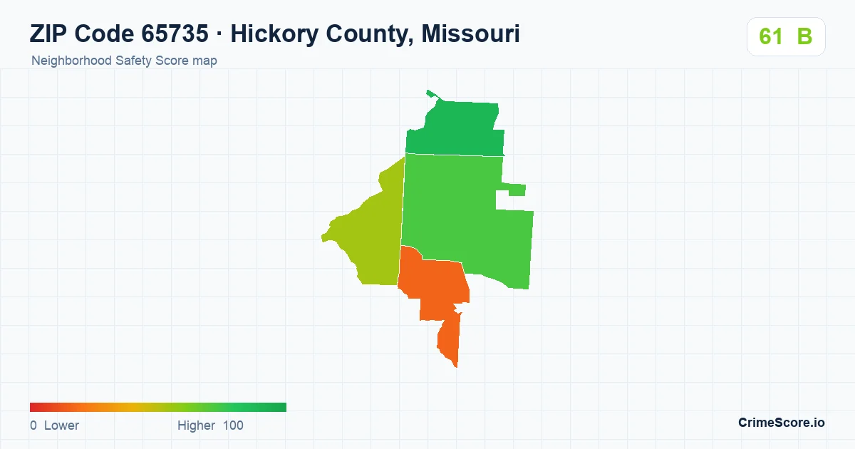 ZIP Code 65735 in Hickory County, Missouri neighborhood Safety Score map
