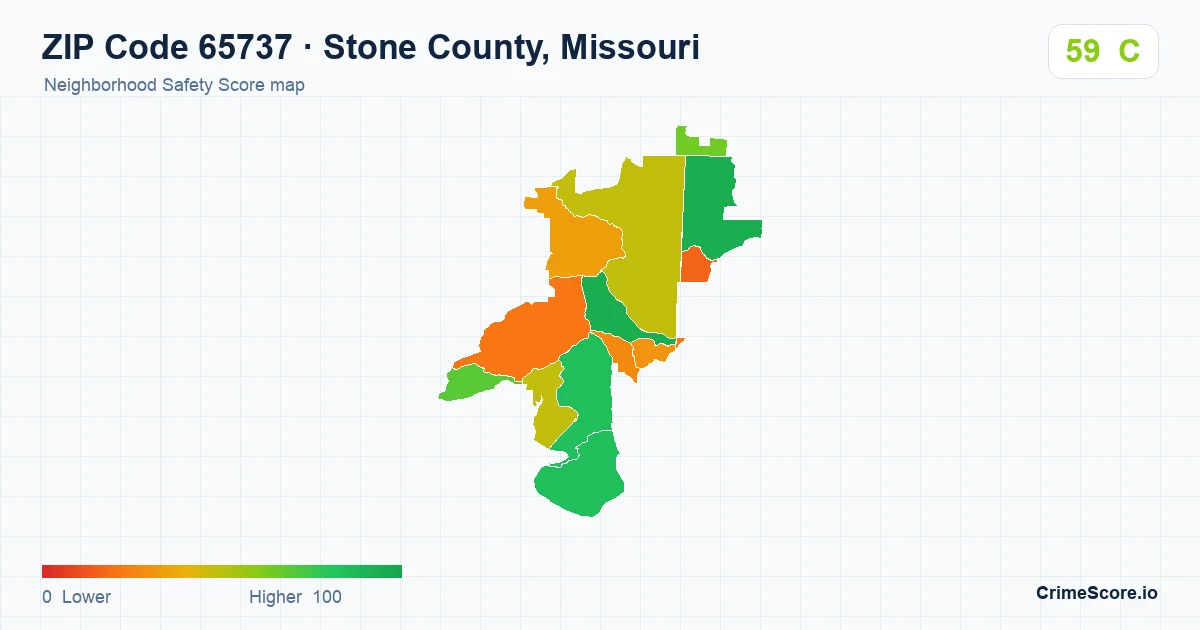 ZIP Code 65737 in Stone County, Missouri neighborhood Safety Score map