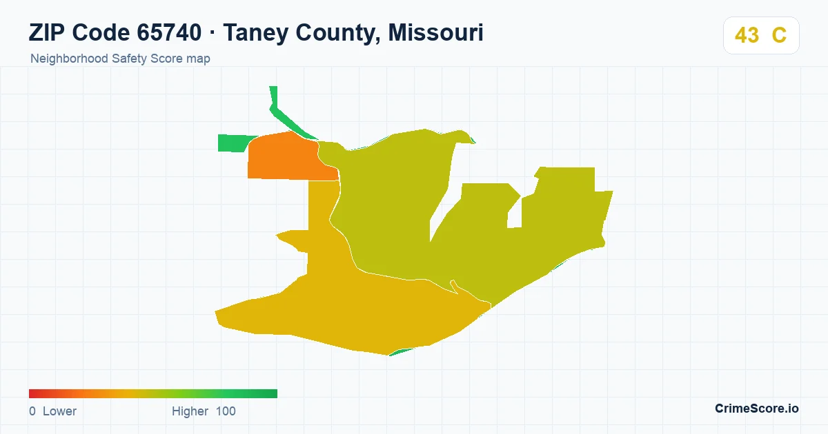 ZIP Code 65740 in Taney County, Missouri neighborhood Safety Score map