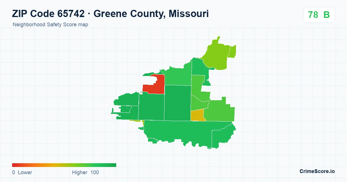 ZIP Code 65742 in Greene County, Missouri neighborhood Safety Score map