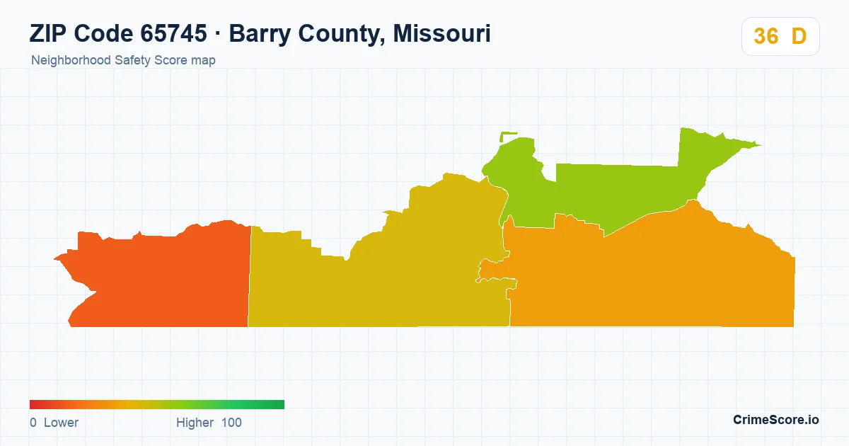 ZIP Code 65745 in Barry County, Missouri neighborhood Safety Score map