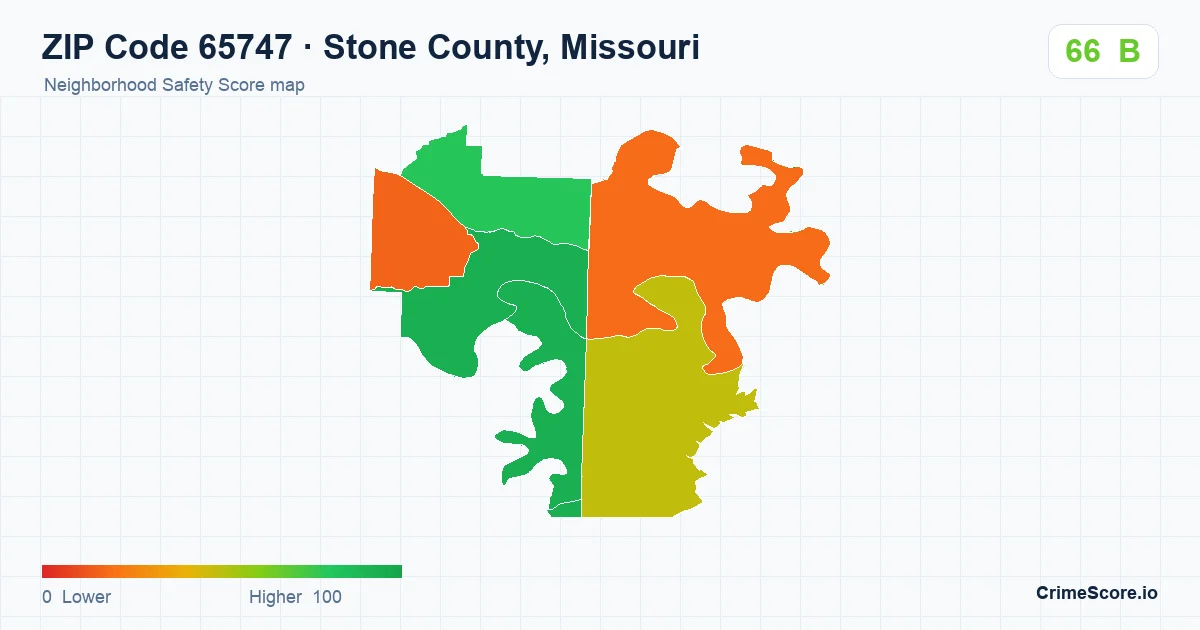 ZIP Code 65747 in Stone County, Missouri neighborhood Safety Score map