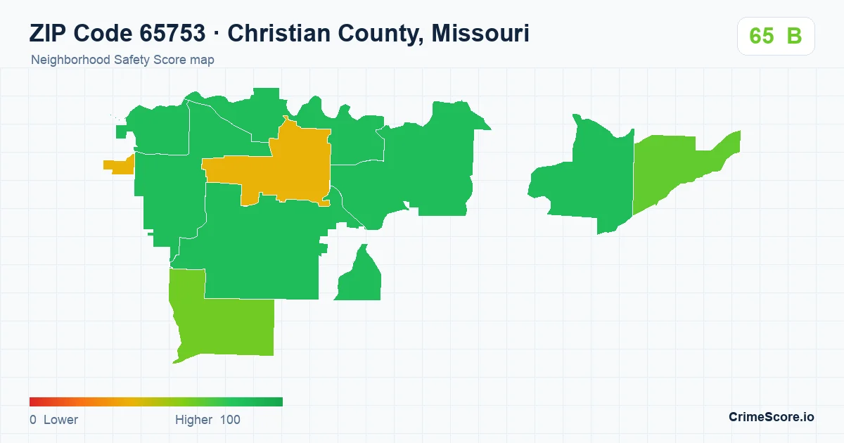 ZIP Code 65753 in Christian County, Missouri neighborhood Safety Score map