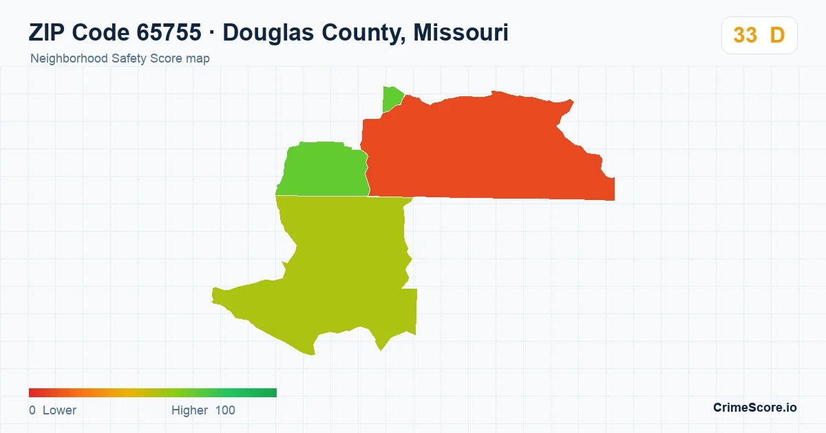 ZIP Code 65755 in Douglas County, Missouri neighborhood Safety Score map
