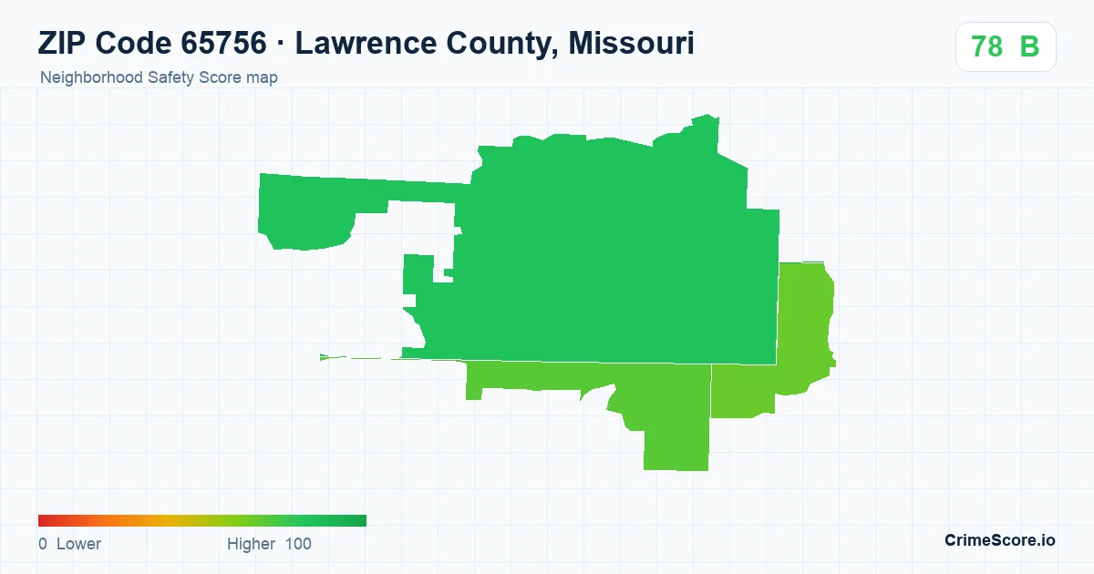 ZIP Code 65756 in Lawrence County, Missouri neighborhood Safety Score map