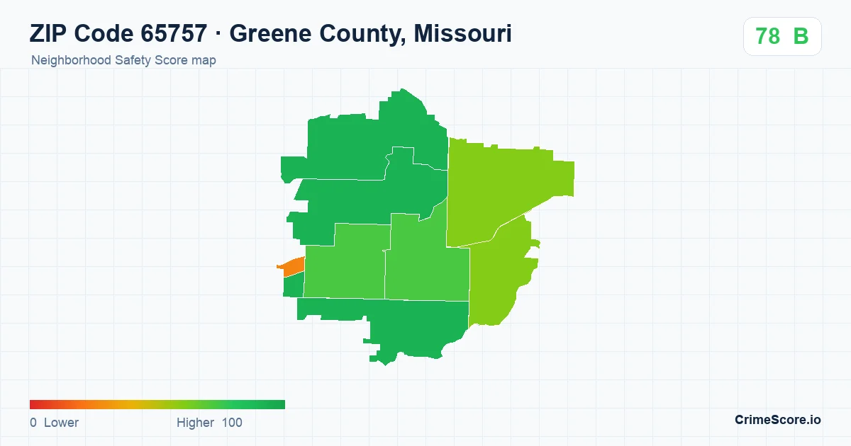 ZIP Code 65757 in Greene County, Missouri neighborhood Safety Score map
