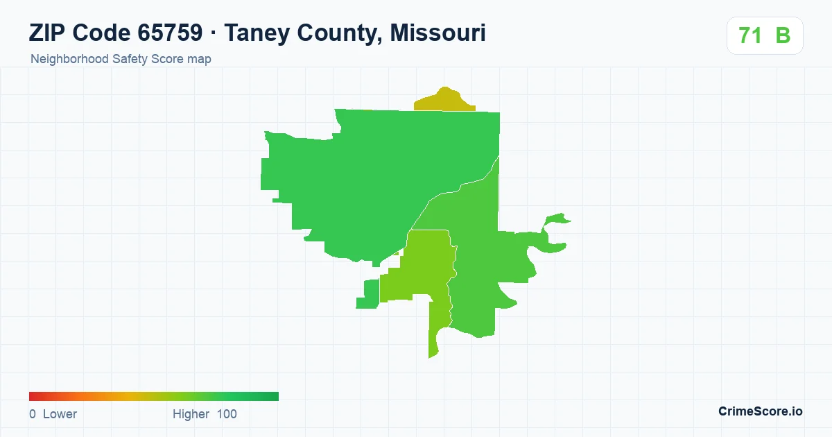 ZIP Code 65759 in Taney County, Missouri neighborhood Safety Score map