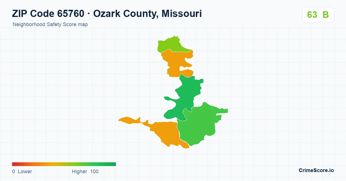 ZIP Code 65760 in Ozark County, Missouri neighborhood Safety Score map