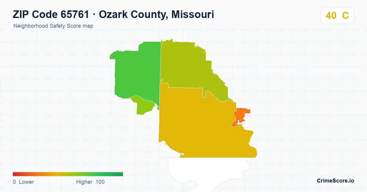 ZIP Code 65761 in Ozark County, Missouri neighborhood Safety Score map