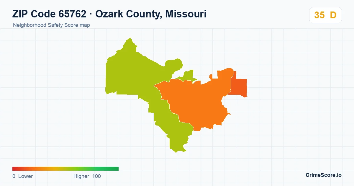 ZIP Code 65762 in Ozark County, Missouri neighborhood Safety Score map