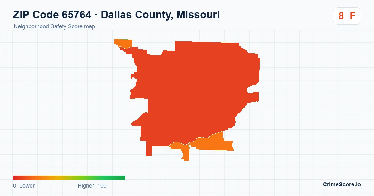 ZIP Code 65764 in Dallas County, Missouri neighborhood Safety Score map