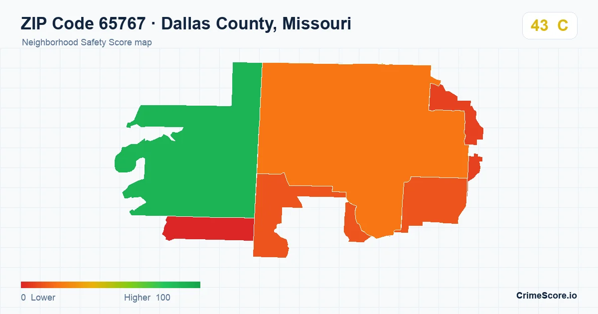 ZIP Code 65767 in Dallas County, Missouri neighborhood Safety Score map