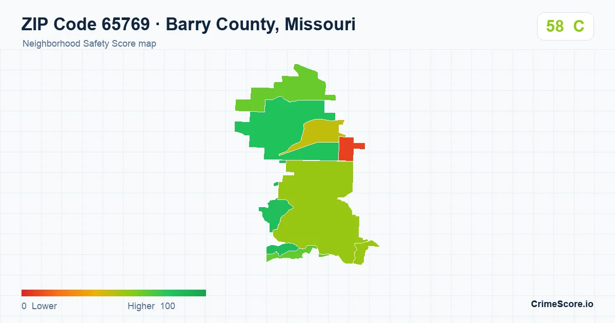 ZIP Code 65769 in Barry County, Missouri neighborhood Safety Score map