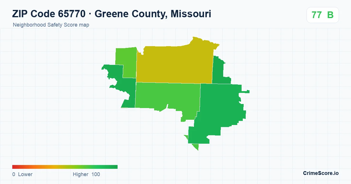 ZIP Code 65770 in Greene County, Missouri neighborhood Safety Score map