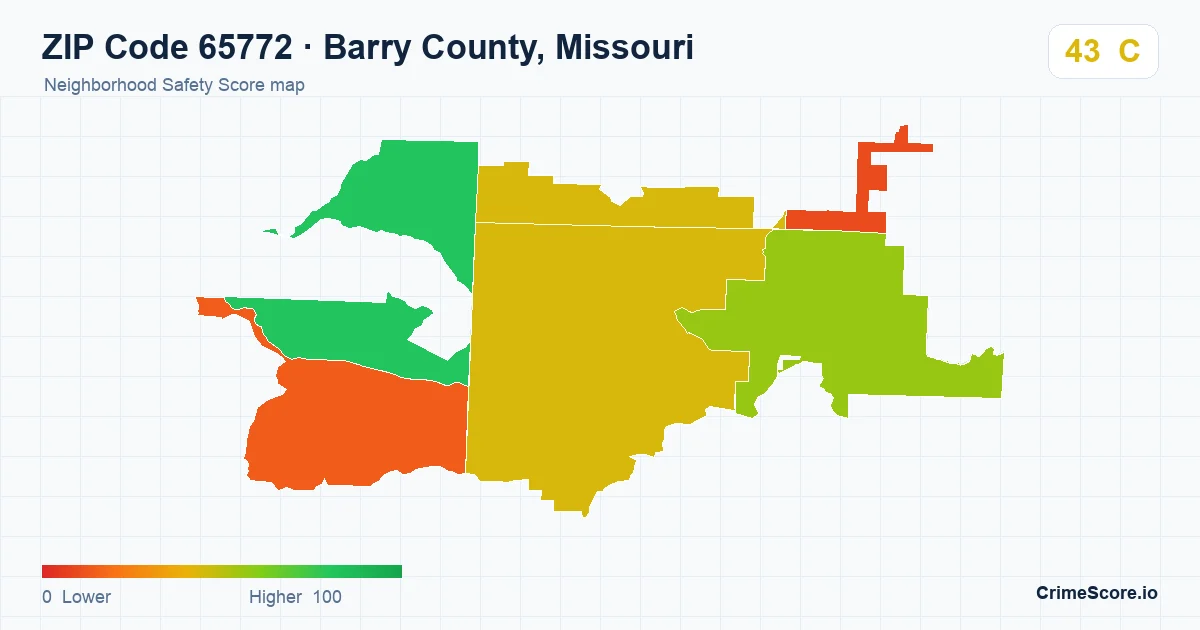 ZIP Code 65772 in Barry County, Missouri neighborhood Safety Score map