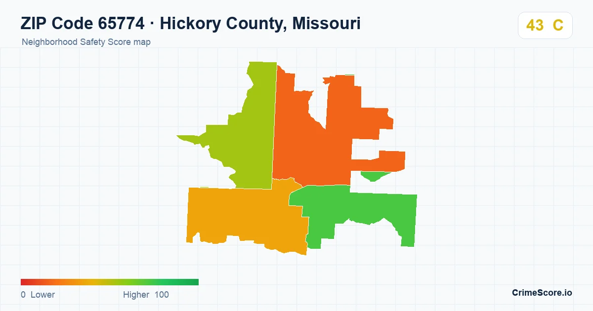 ZIP Code 65774 in Hickory County, Missouri neighborhood Safety Score map