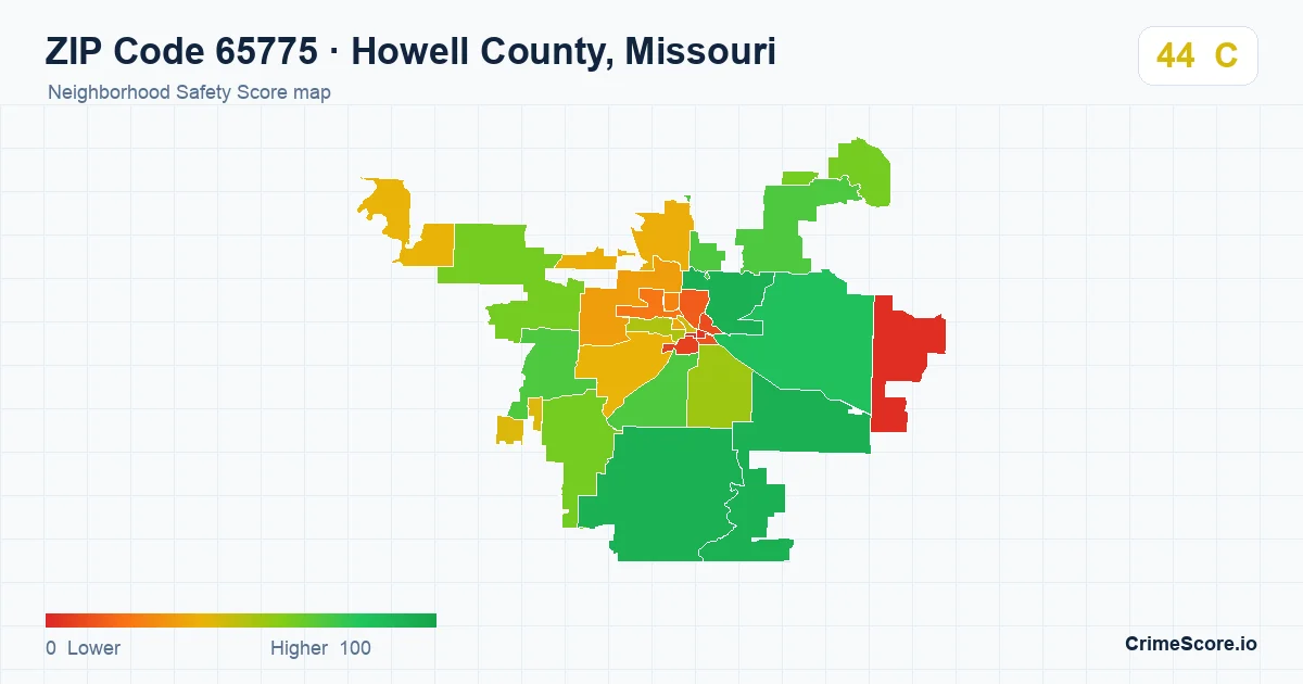 ZIP Code 65775 in Howell County, Missouri neighborhood Safety Score map