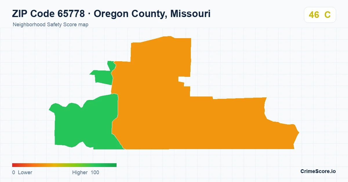 ZIP Code 65778 in Oregon County, Missouri neighborhood Safety Score map