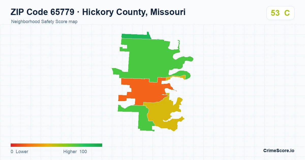 ZIP Code 65779 in Hickory County, Missouri neighborhood Safety Score map