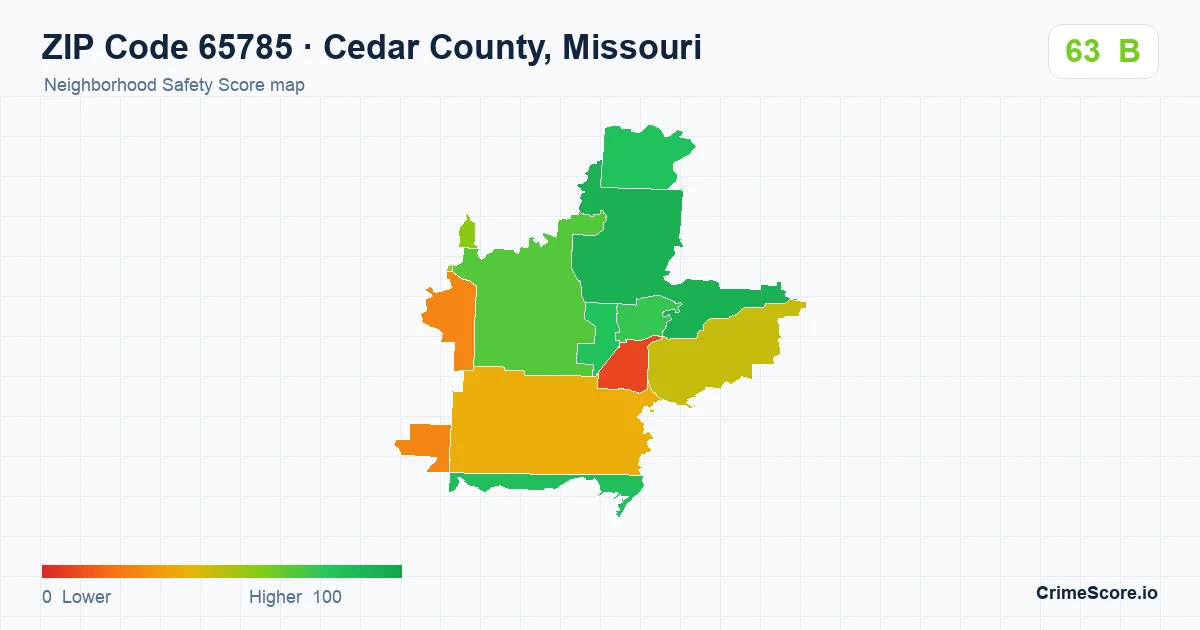 ZIP Code 65785 in Cedar County, Missouri neighborhood Safety Score map