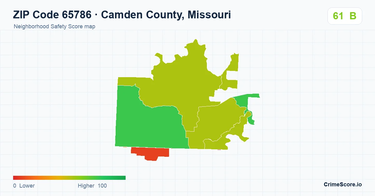ZIP Code 65786 in Camden County, Missouri neighborhood Safety Score map