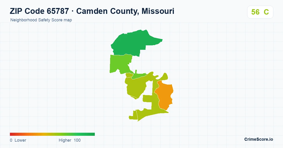 ZIP Code 65787 in Camden County, Missouri neighborhood Safety Score map