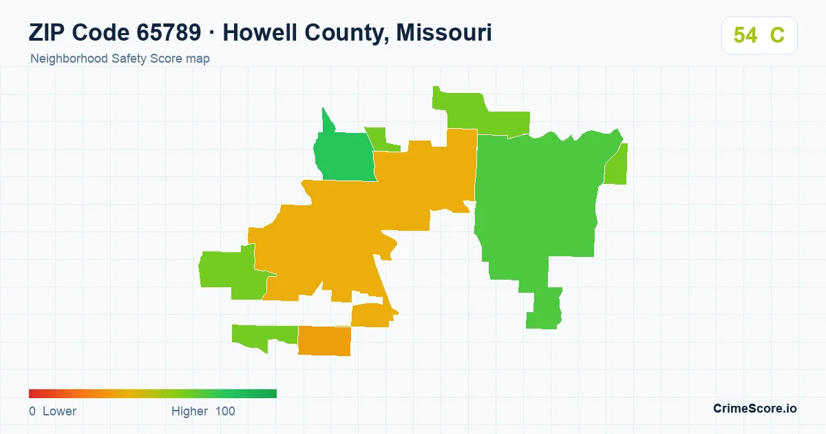 ZIP Code 65789 in Howell County, Missouri neighborhood Safety Score map