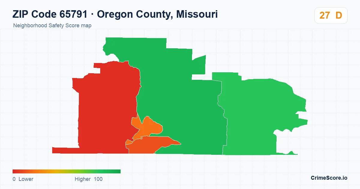 ZIP Code 65791 in Oregon County, Missouri neighborhood Safety Score map