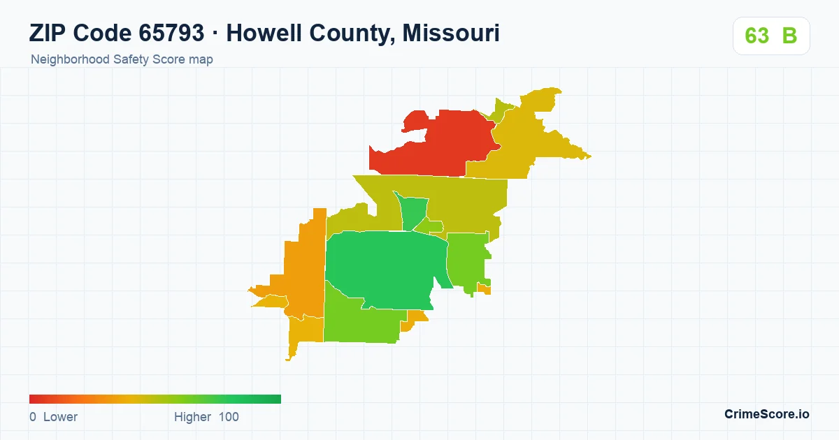 ZIP Code 65793 in Howell County, Missouri neighborhood Safety Score map