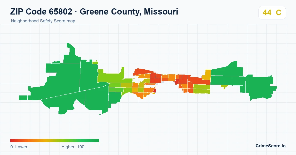 ZIP Code 65802 in Greene County, Missouri neighborhood Safety Score map