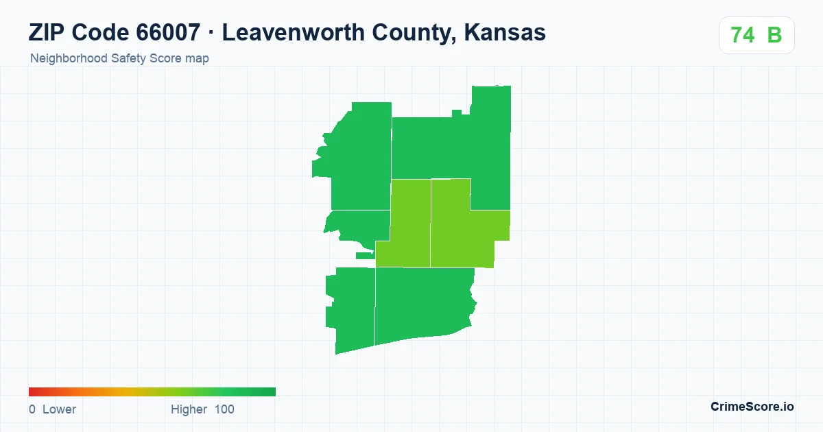 ZIP Code 66007 in Leavenworth County, Kansas neighborhood Safety Score map