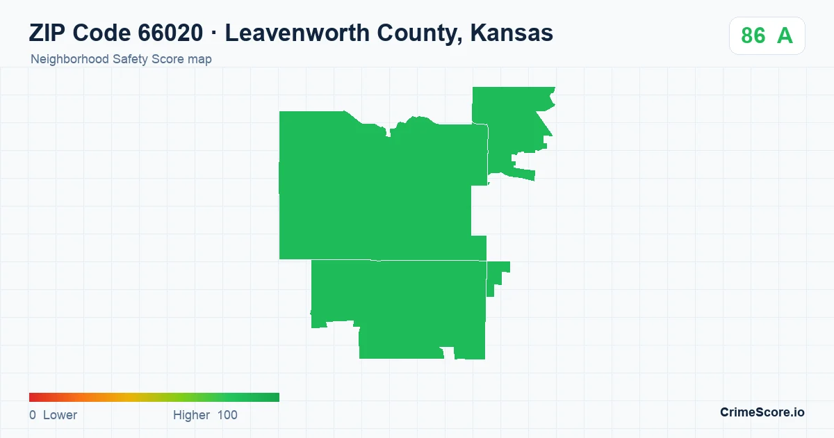 ZIP Code 66020 in Leavenworth County, Kansas neighborhood Safety Score map