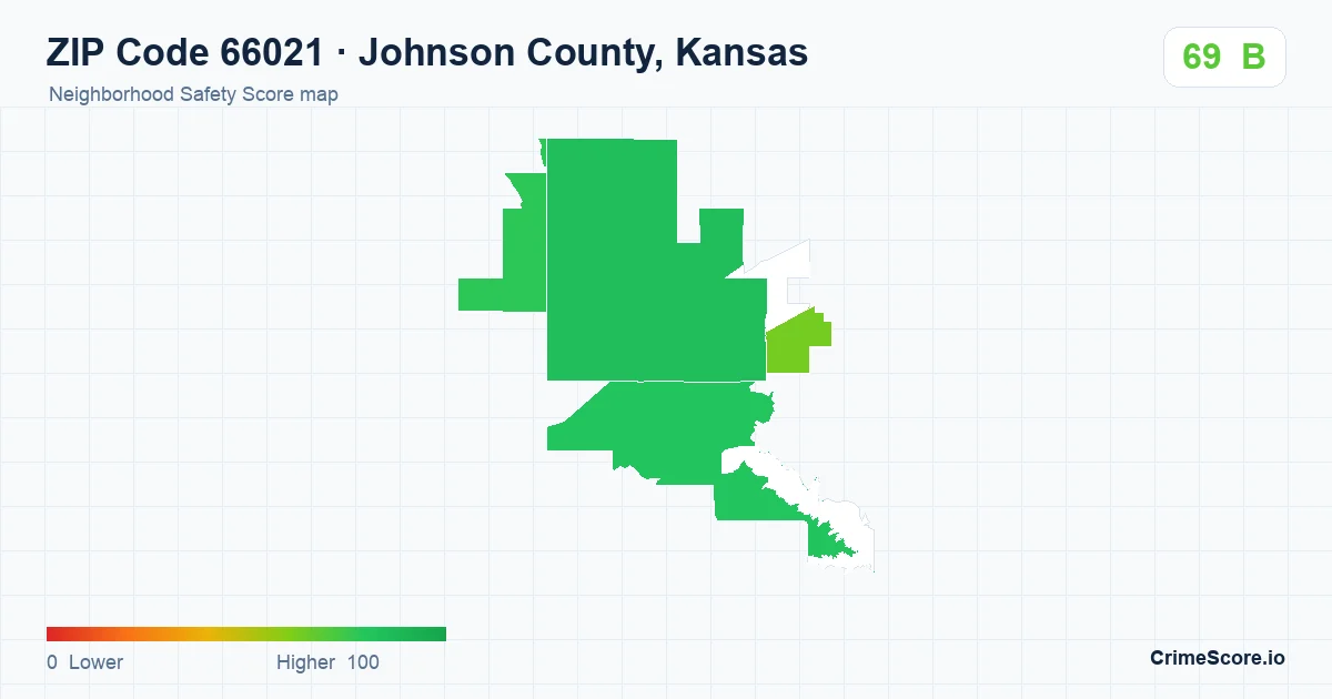 ZIP Code 66021 in Johnson County, Kansas neighborhood Safety Score map