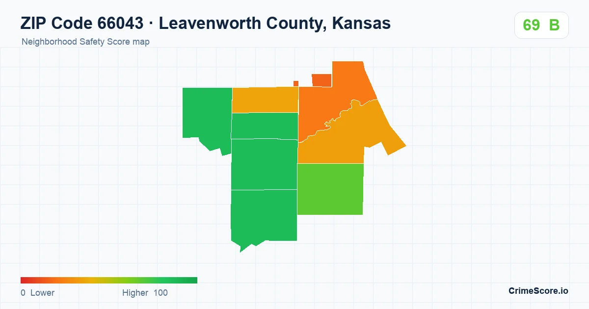 ZIP Code 66043 in Leavenworth County, Kansas neighborhood Safety Score map