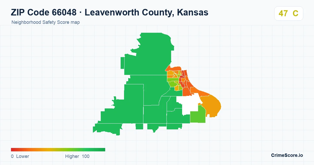 ZIP Code 66048 in Leavenworth County, Kansas neighborhood Safety Score map
