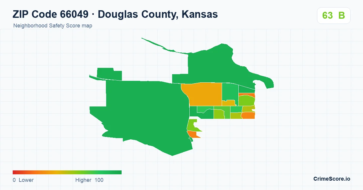 ZIP Code 66049 in Douglas County, Kansas neighborhood Safety Score map