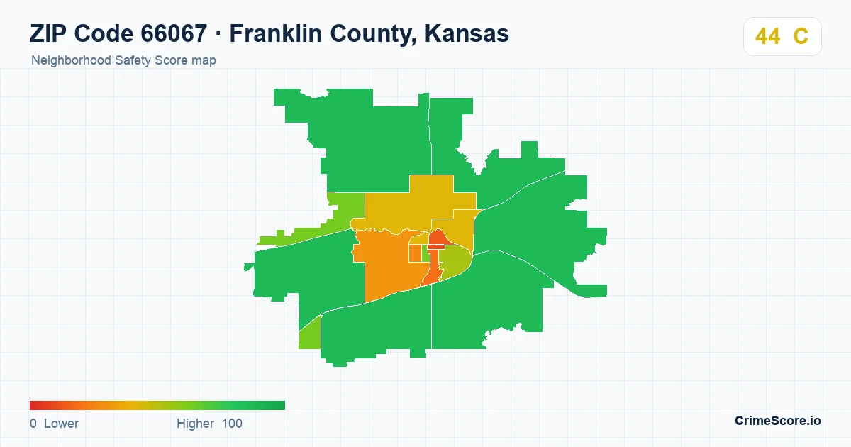ZIP Code 66067 in Franklin County, Kansas neighborhood Safety Score map