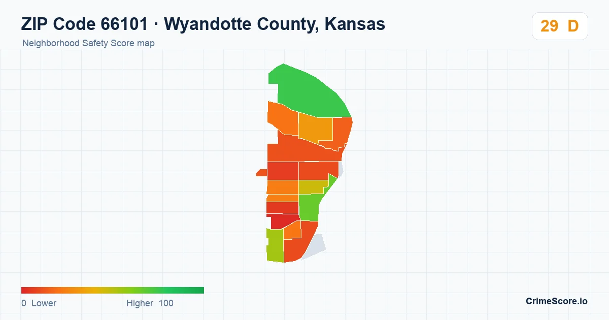 ZIP Code 66101 in Wyandotte County, Kansas neighborhood Safety Score map