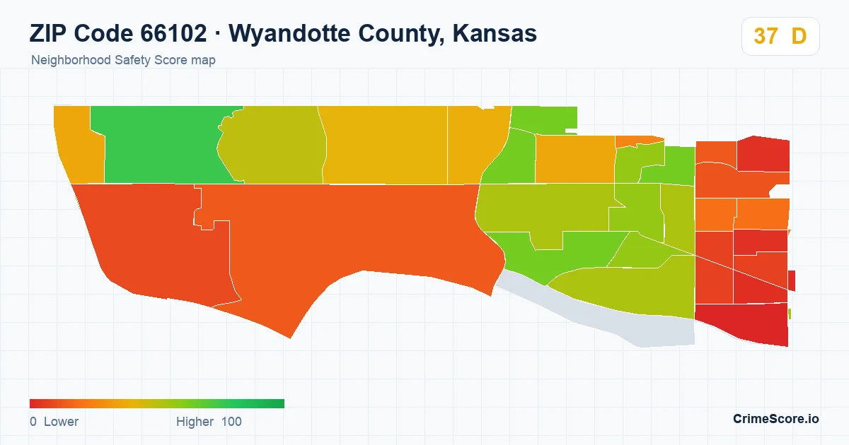 ZIP Code 66102 in Wyandotte County, Kansas neighborhood Safety Score map