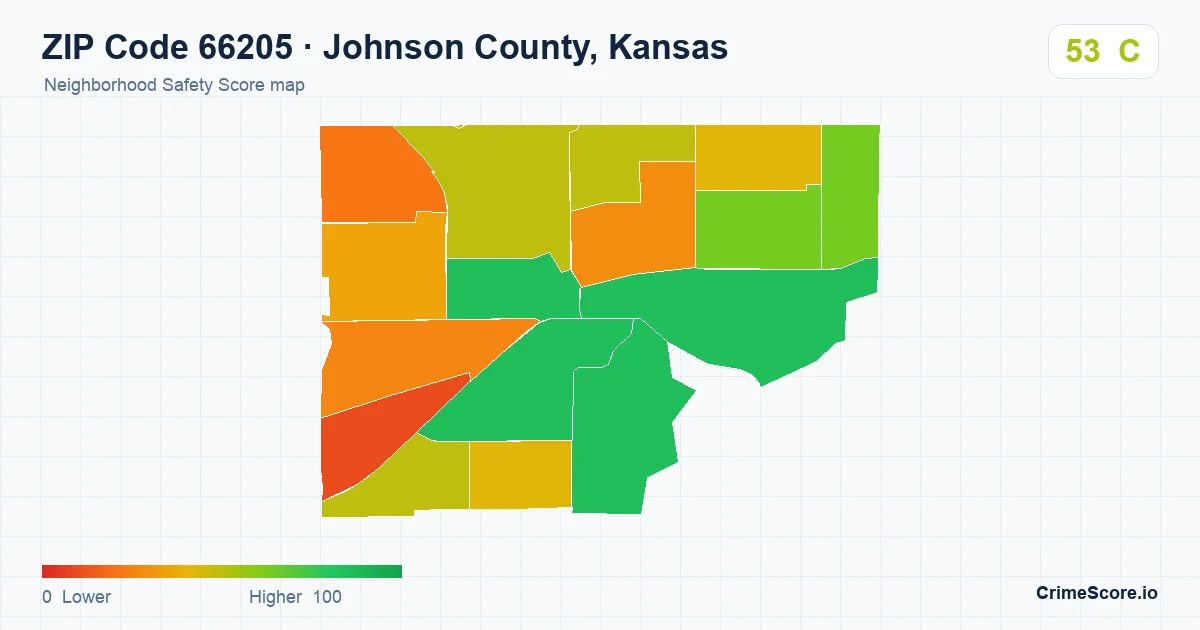 ZIP Code 66205 in Johnson County, Kansas neighborhood Safety Score map