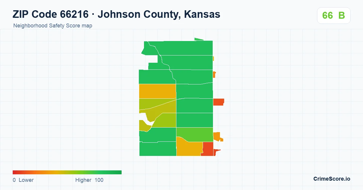 ZIP Code 66216 in Johnson County, Kansas neighborhood Safety Score map