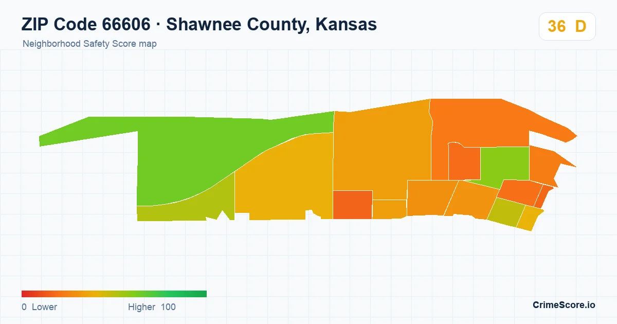 ZIP Code 66606 in Shawnee County, Kansas neighborhood Safety Score map